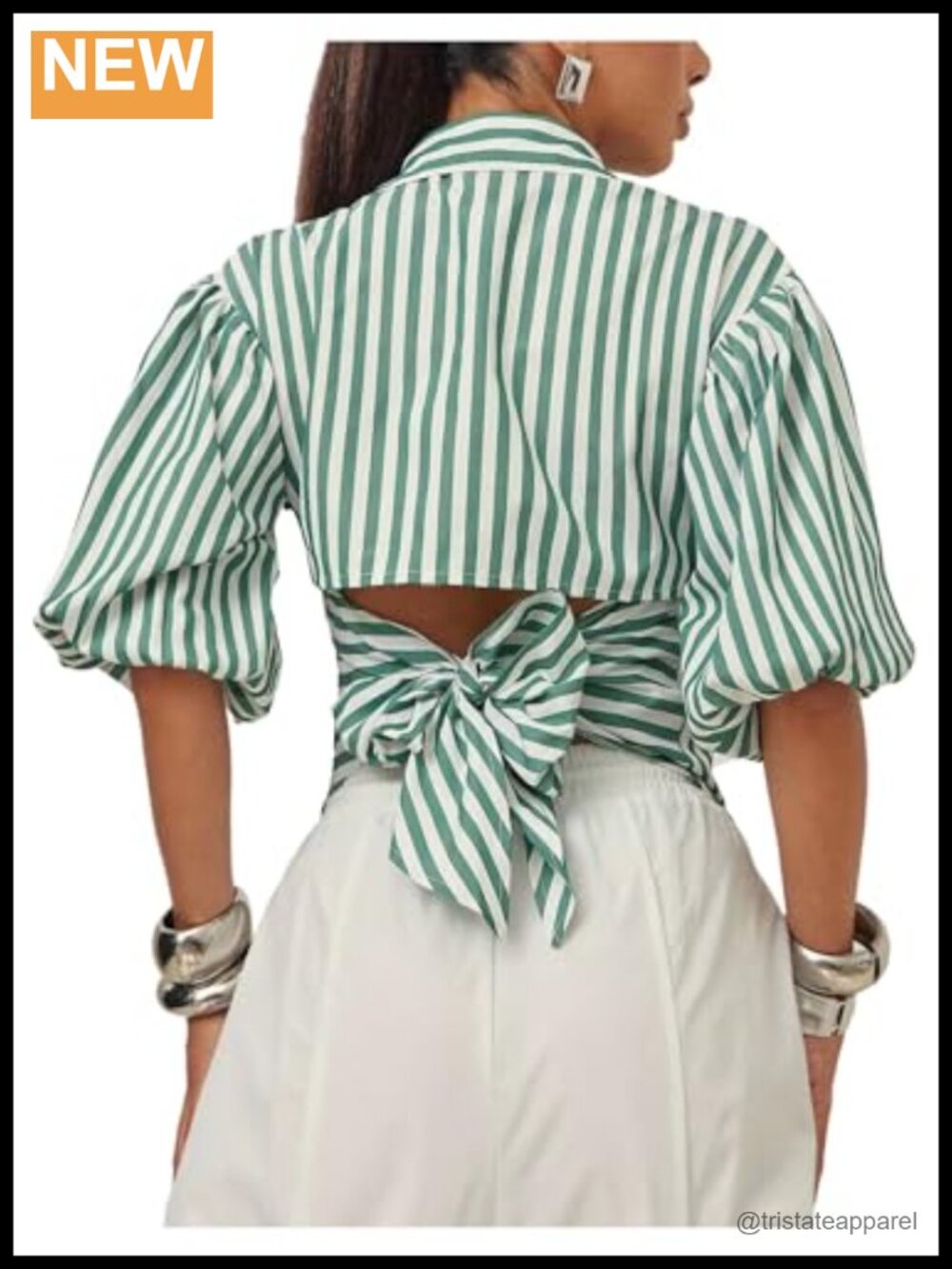 Striped Button Down Shirt Bow Tie Back Blouse 3/4 Sleeve
